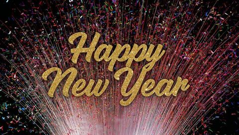 Golden glitter happy new year script with radiant confetti burst and colorful light rays