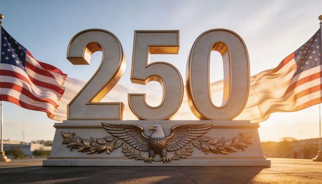 Monumental 250 numeral with eagle bas-relief flanked by american flags at golden hour
