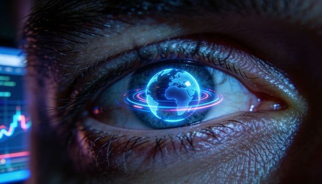 Macro human eye projecting holographic globe with neon orbital rings and data analytics overlay