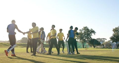 Diverse Male Cricket Team Celebrating Sportsmanship After Game