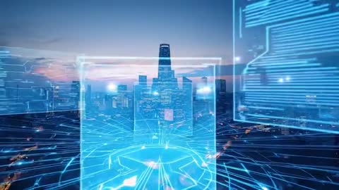 Digital Grid Overlay on Modern Cityscape at Dusk