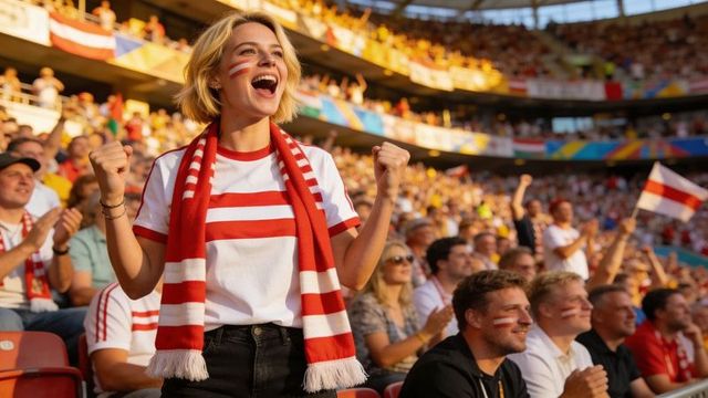 Female fan cheering in stadium with red white scarf and face paint, sports celebration