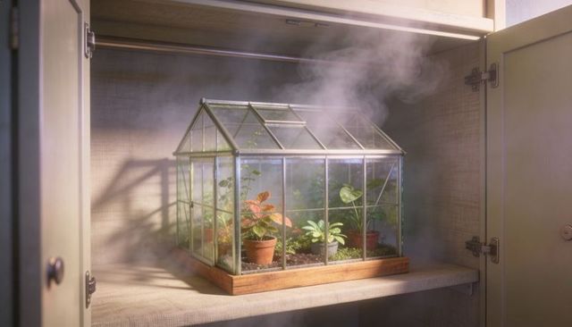 Miniature glass greenhouse holding potted plants, mist and condensation on cabinet shelf