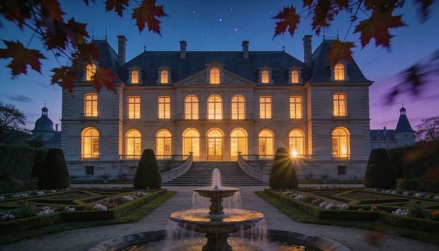 Glowing neoclassical chateau illuminating parterre with three-tier fountain at dusk