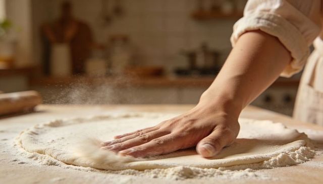 Hand Pressing Dough on Floured Countertop in Rustic Kitchen Preparing Pizza and Pastry
