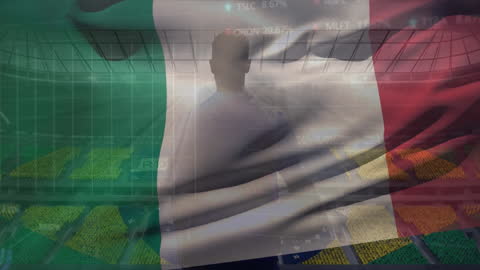 Italian Flag Overlay on Rugby Player in Stadium Environment