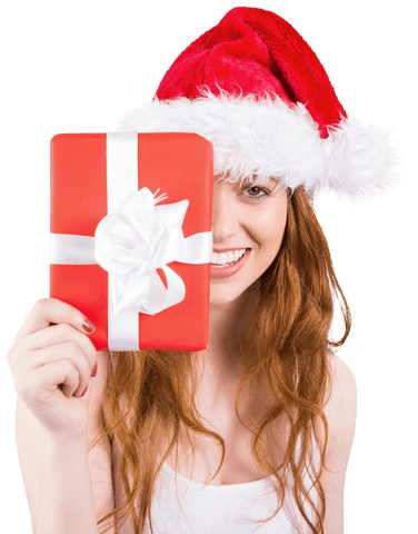 Smiling Female in Santa Hat with Transparent Festive Gift