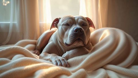 Pit bull dog relaxing in sunlit bedroom with cozy blanket
