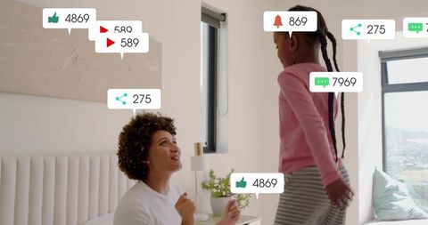 Mother and daughter connecting in bright bedroom showing social media notifications overlay
