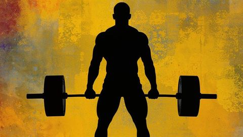 Silhouette powerlifter holding heavy barbell on grunge yellow-orange background