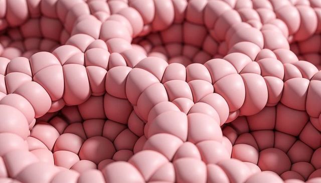 Abstract pink cellular honeycomb forming glossy tubular clusters, macro silicone texture
