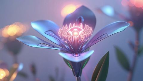 Futuristic Robotic Flower with Neon Filaments in Sci-Fi Setting