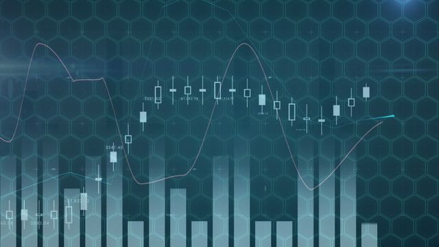 Image features a financial chart with candlestick markers and data lines, set against a modern blue hexagonal background. Ideal for use in presentations, reports, or articles related to economic trends, stock market analysis, data analysis technology, or financial growth. Suitable for business professionals seeking contemporary aesthetics in data visualization tools.