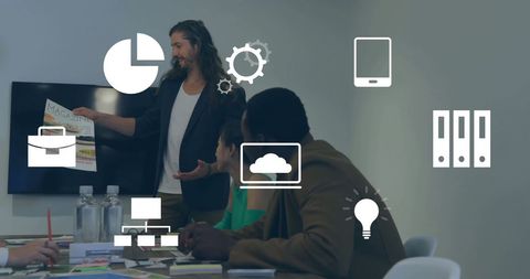 Diverse Team Analyzing Data in Modern Office with Virtual Icons