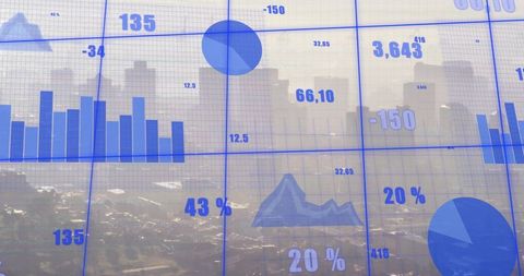 Blue Data Overlay on City Skyline with Bar, Pie and Line Charts for Business Analytics