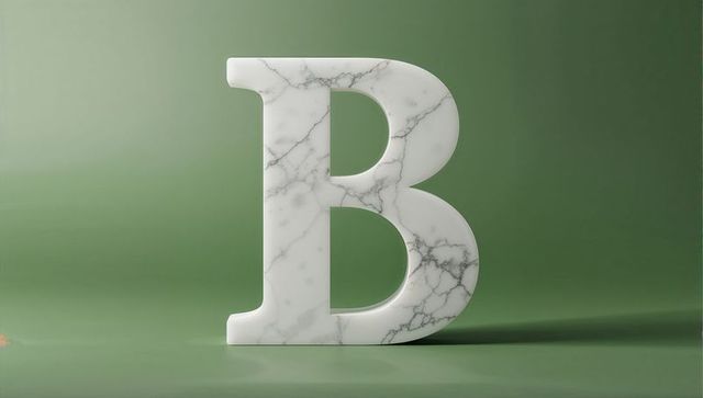 White marble letter b sculpture on green background