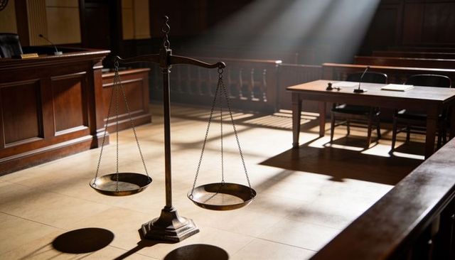 Brass balance scales casting long shadows across courtroom floor with gavel and papers