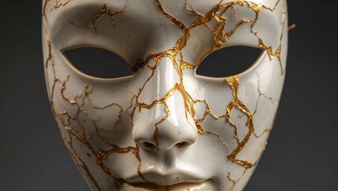 Kintsugi-style porcelain mask featuring gold-veined repairs and glossy almond eye openings