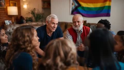 Intergenerational Mentoring Circle with Older Mentors Guiding Teens at Home, Pride Flag