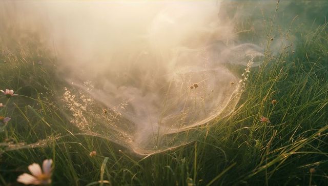 Dewy Spider Web Sparkling in Morning Light of Grass Meadow