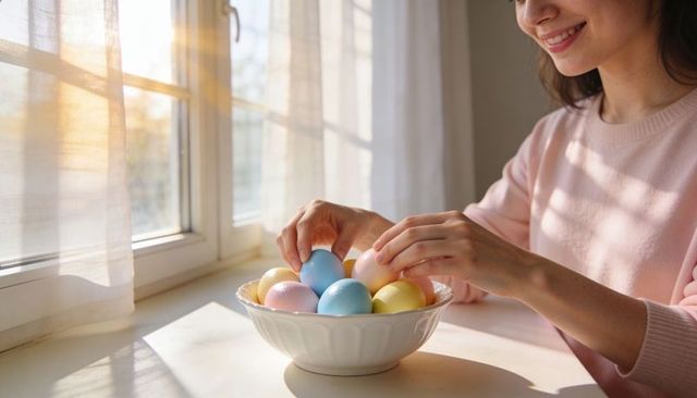 Woman arranging pastel easter eggs in ceramic bowl by sunlit window for spring decor