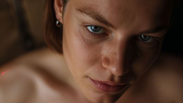 Gazing close-up portrait showing skin texture, freckles, bare shoulders and hoop earring