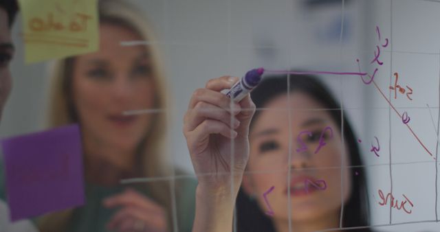 Colleagues Collaborating and Brainstorming with Glass Whiteboard - Download Free Stock Images Pikwizard.com