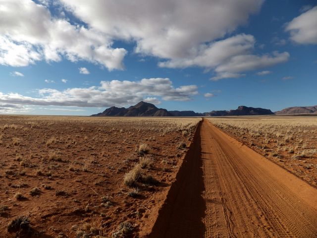 The image captures a dirt road cutting through a remote desert landscape, leading towards distant mountains under a partly cloudy sky. The scene exemplifies isolation and rugged nature, ideal for use in travel brochures, adventure blogs, promotional material for off-road tours, and documentaries on natural landscapes.
