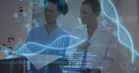 Researchers analyzing dna helix for genetic research