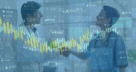 this image depicts two young doctors exchanging a handshake in a hospital environment, set against an overlay of financial graphs and charts. perfect for illustrating concepts of economic growth in the healthcare sector, or the integration of technology and business practices in medical settings. use it in articles or presentations about healthcare management, the future of medical finance, or organizational collaborations in the health sector.