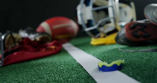 Close-up of various sports equipment on artificial turf 4k