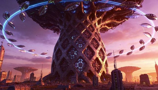 Towering bioengineered tree emitting luminescent rings at twilight