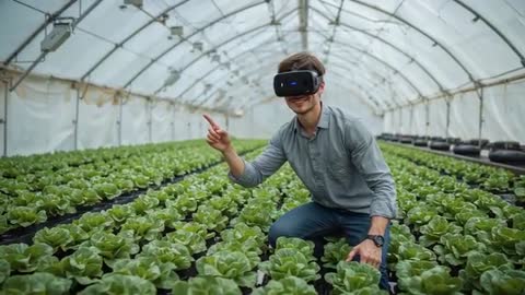 Technician Using VR in Hydroponic Greenhouse for Precision Growth Analysis