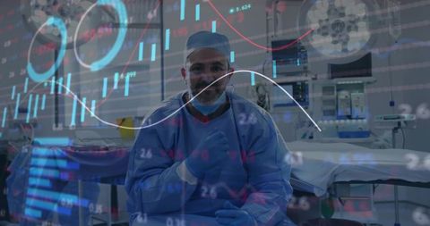 Surgeon reviewing surgical analytics overlay in operating room for clinical decisions