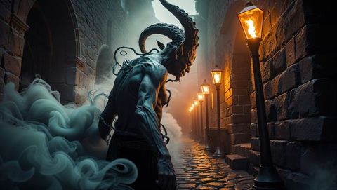 Horned demon in mysterious gothic alley with lanterns and smoke