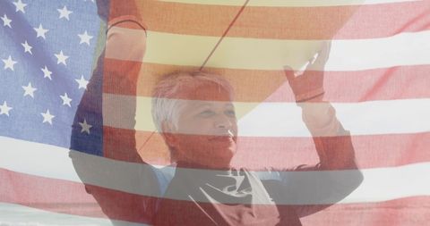 Senior Woman Surfer Blends with American Flag Symbolizing Patriotism