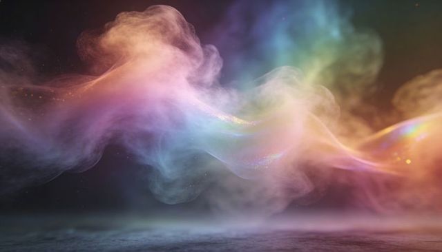 Ethereal Iridescent Mist Ribbon Floating Across Dark Stage with Sparkling Particles