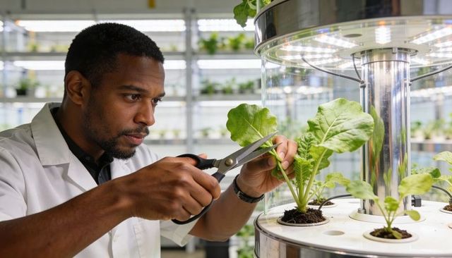 Male researcher trimming leafy greens in vertical hydroponic tower under led grow lights