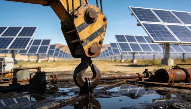 Rusted crane hook hovering over oil-soaked puddle in solar farm, industrial hazard