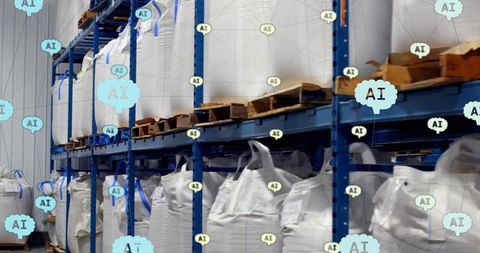 Ai-powered warehouse inventory monitoring showing bulk bags on industrial racking and automation