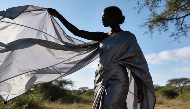 Model holding billowing metallic silver fabric wearing draped gown in sunlit grassland
