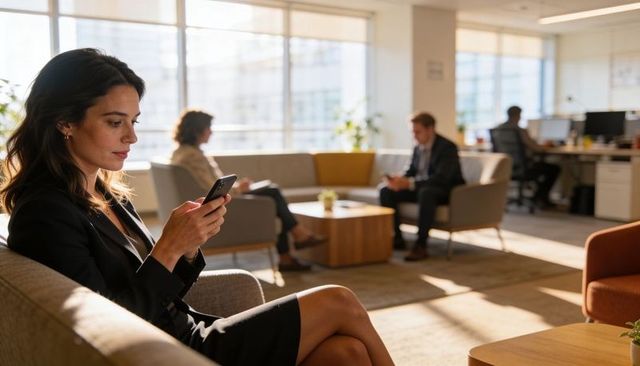 Businesswoman checking smartphone in sunlit office lounge, professionals collaborating