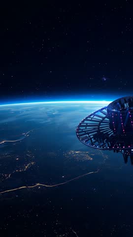 Vertical LEO Ring Platform Rotating and Pulsing Over Night Earth Horizon, Lit Coasts