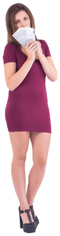 Elegant Woman Holding Euro Currency in Casual Dress Transparent Background