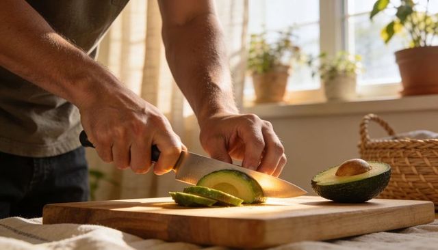 Sunlit kitchen hands slicing ripe avocado on wooden cutting board for fresh healthy prep