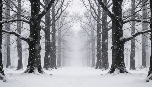 Symmetrical snow-covered tree avenue disappearing into mist with falling snowflakes