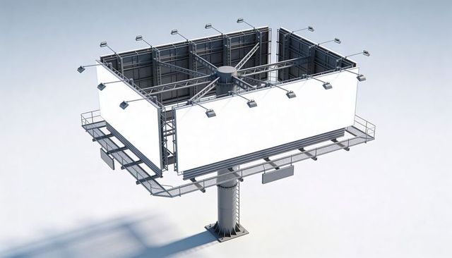 Tri-faced blank billboard showing catwalks, ladder and lights for outdoor advertising mockup