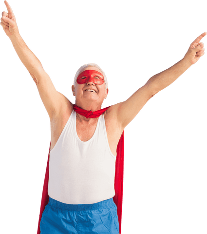 Joyful Senior Man in Superhero Outfit Transparent Background
