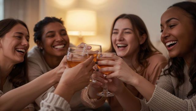 Women toasting wine glasses during cozy living room celebration