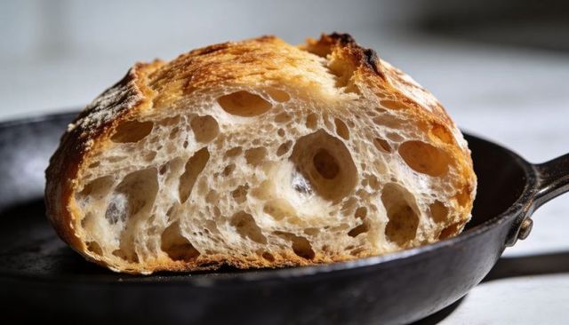 Rustic sourdough half showing open crumb and golden crust on cast iron skillet close-up